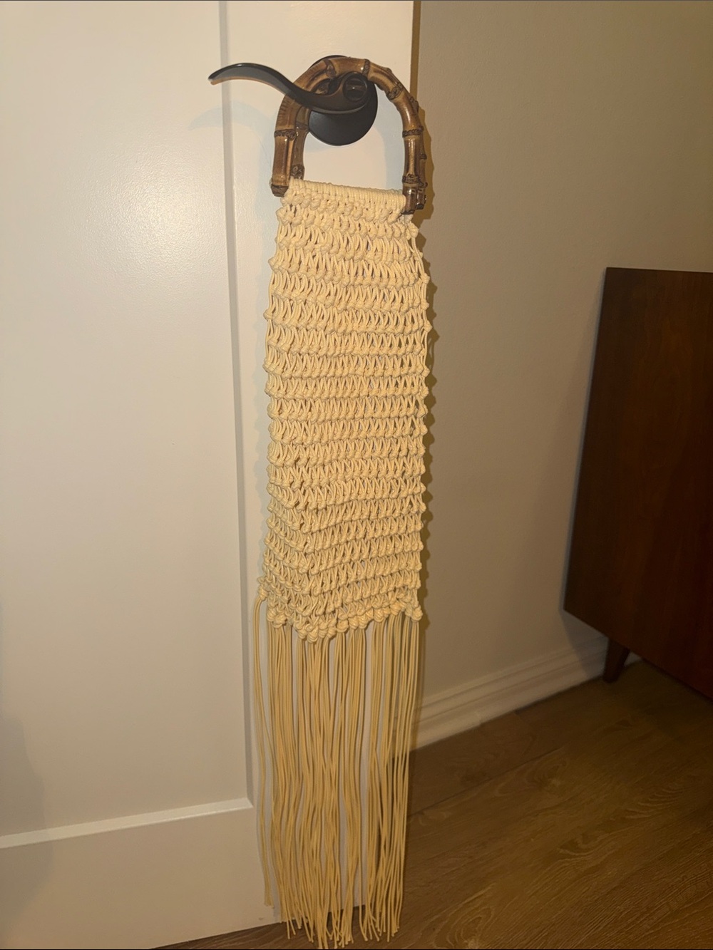 J. Crew Cream Macramé Wristlet Clutch with Bamboo Handle